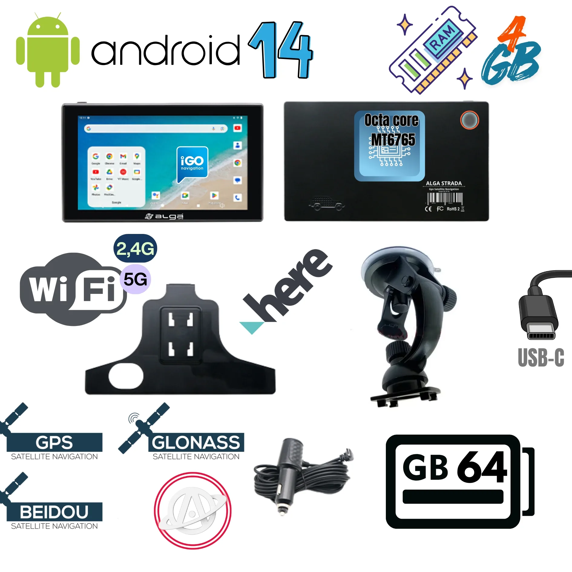 Nawigacja GPS ALGA-STRADA android 14, 4gb RAM, iGO NextGen Tir/Truck nowość - obrazek 2